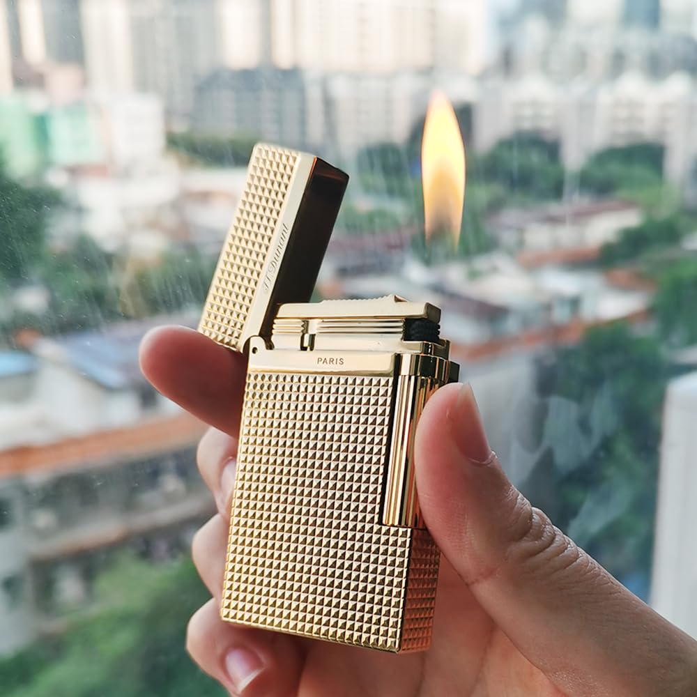 Classic Ligne 2 Lighter – Iconic “Ping” Sound, Diamond Head Brass Lighter, Adjustable Soft Flame, Luxury Gift for Men Dad Boyfriend (Gold1)